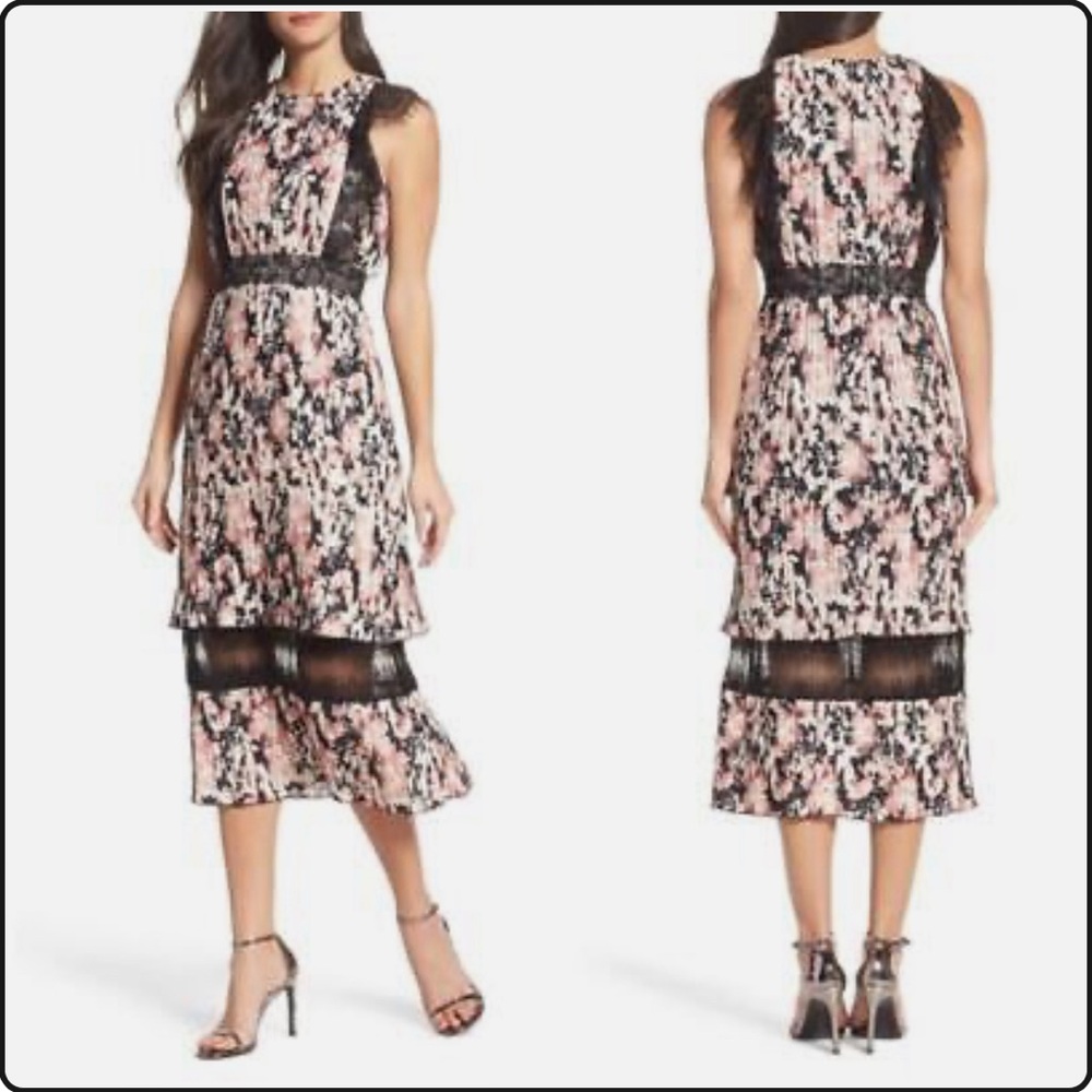 Foxiedox Jasmine Lace trim midi dress, size L, black lace and pink/black floral